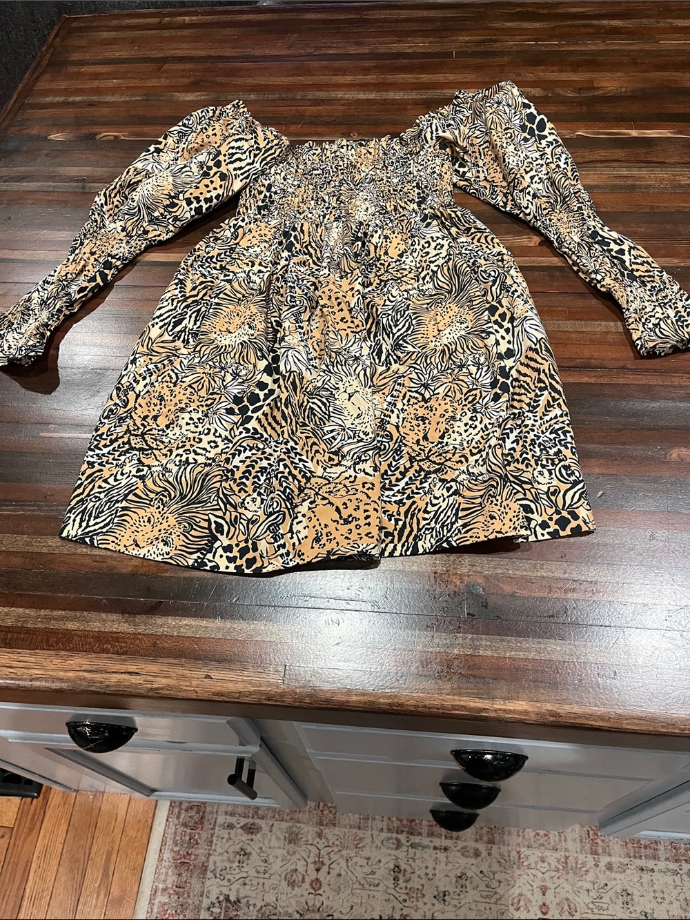 Lily Pulitzer Animal Print Smocked Dress - Tan & Black medium
